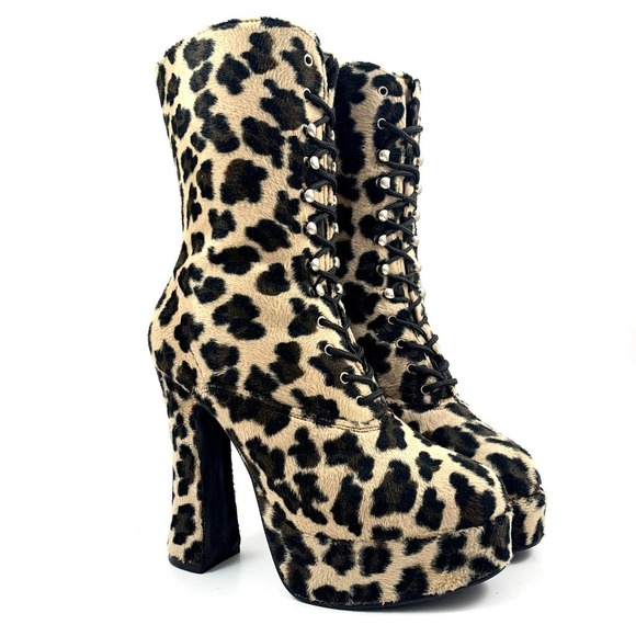 90's fuzzy leopard platform lace up boots - Picture 1 of 12